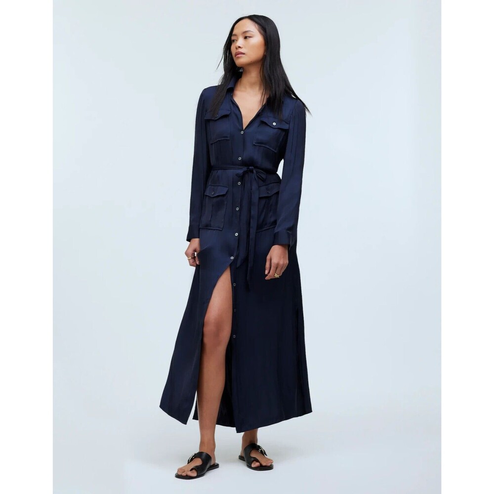 MADEWELL Button-Front Utility Shirtdress XS Satin Deep Indigo Blue NWD B40